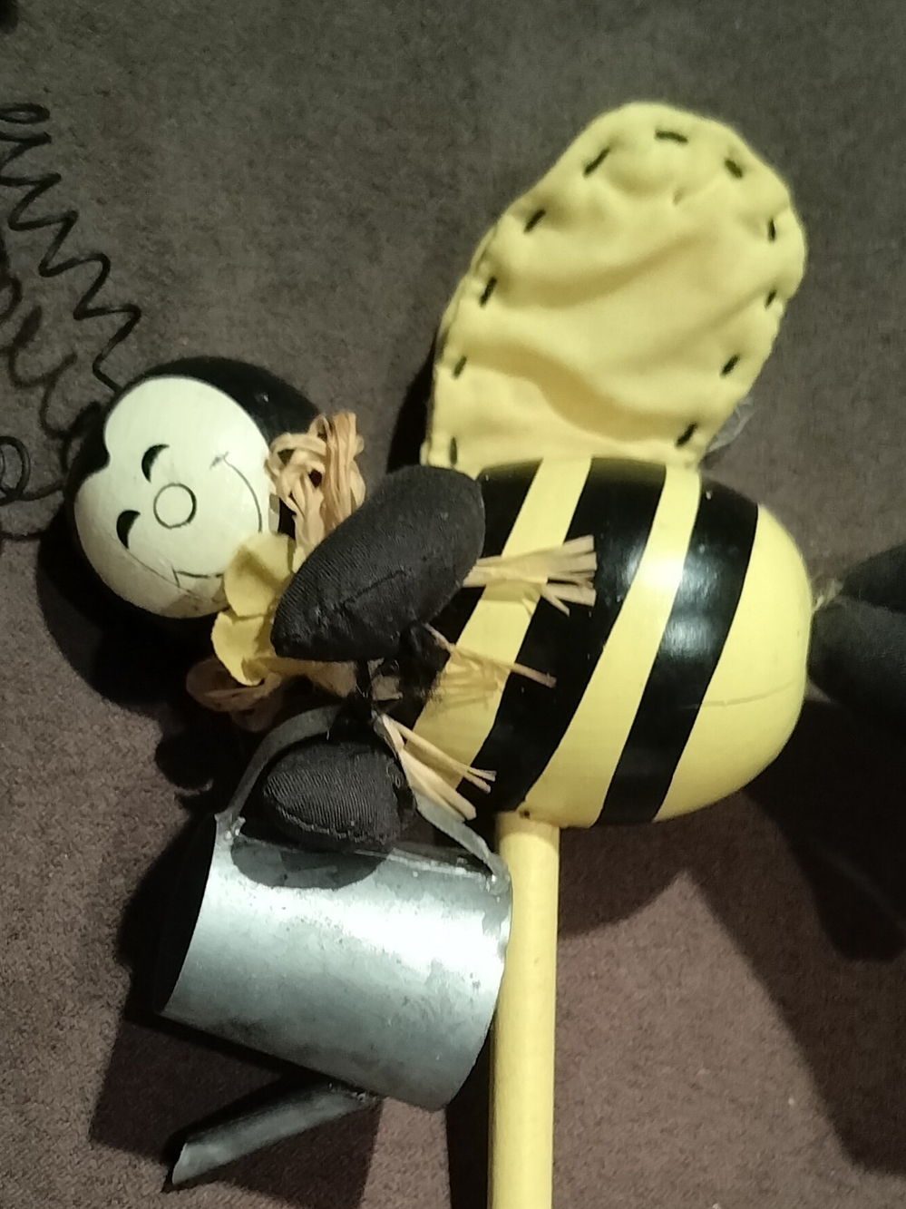 Vintage Yellow and Black Bee Garden Stake Decor with Watering Can Accent